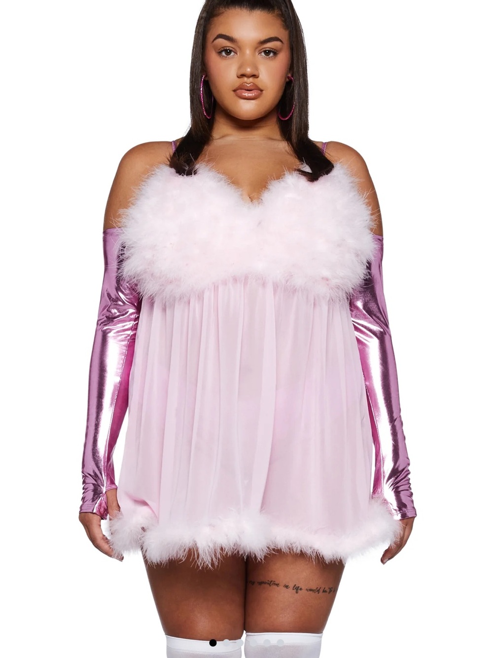 Plus Size Fembot Costume, Feather trimmed Pink Babydoll Chemise with gloves